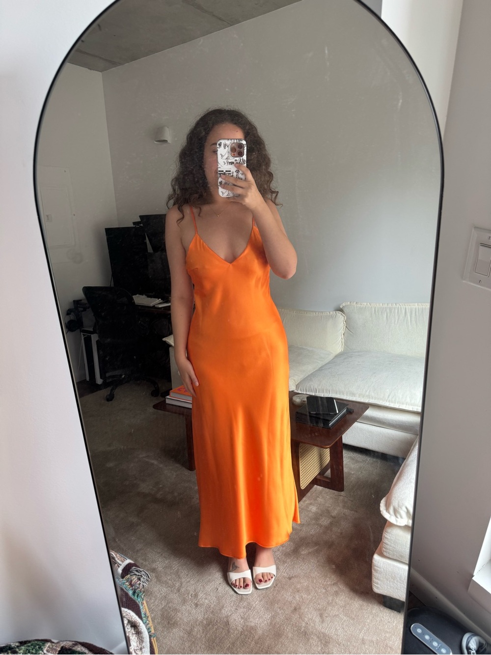 Zara Orange Satin Slip Dress with Spaghetti Straps